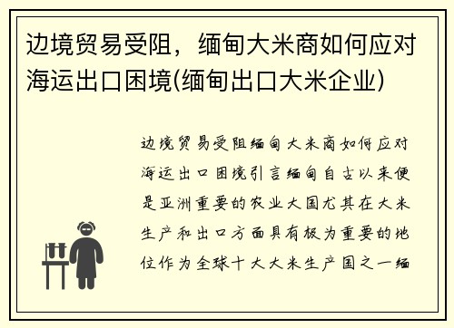 边境贸易受阻，缅甸大米商如何应对海运出口困境(缅甸出口大米企业)