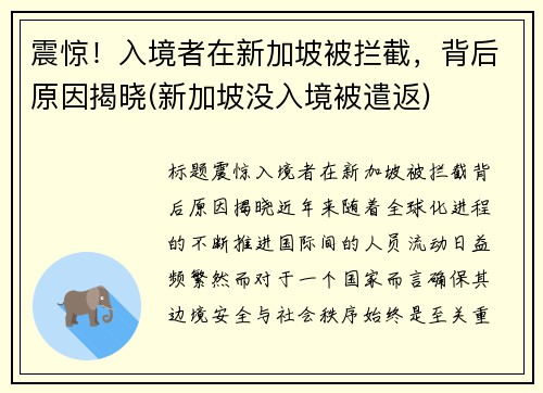 震惊！入境者在新加坡被拦截，背后原因揭晓(新加坡没入境被遣返)