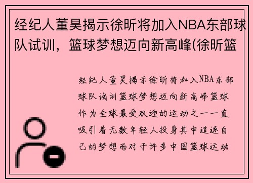 经纪人董昊揭示徐昕将加入NBA东部球队试训，篮球梦想迈向新高峰(徐昕篮球运动员简介)