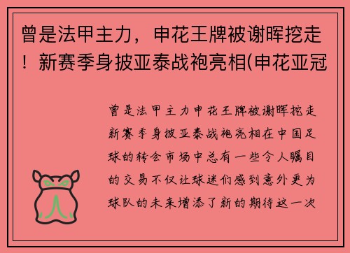 曾是法甲主力，申花王牌被谢晖挖走！新赛季身披亚泰战袍亮相(申花亚冠赛程2020赛程表转播)
