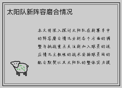 太阳队新阵容磨合情况